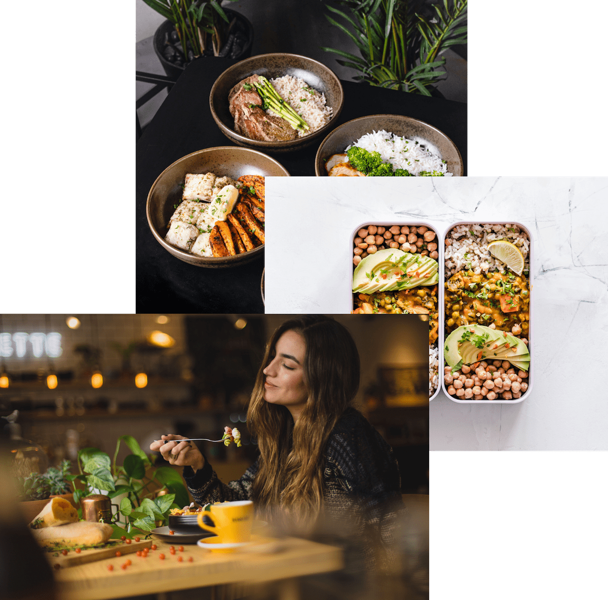 Woman eating food, meals stored in a container, and many variety dishes..